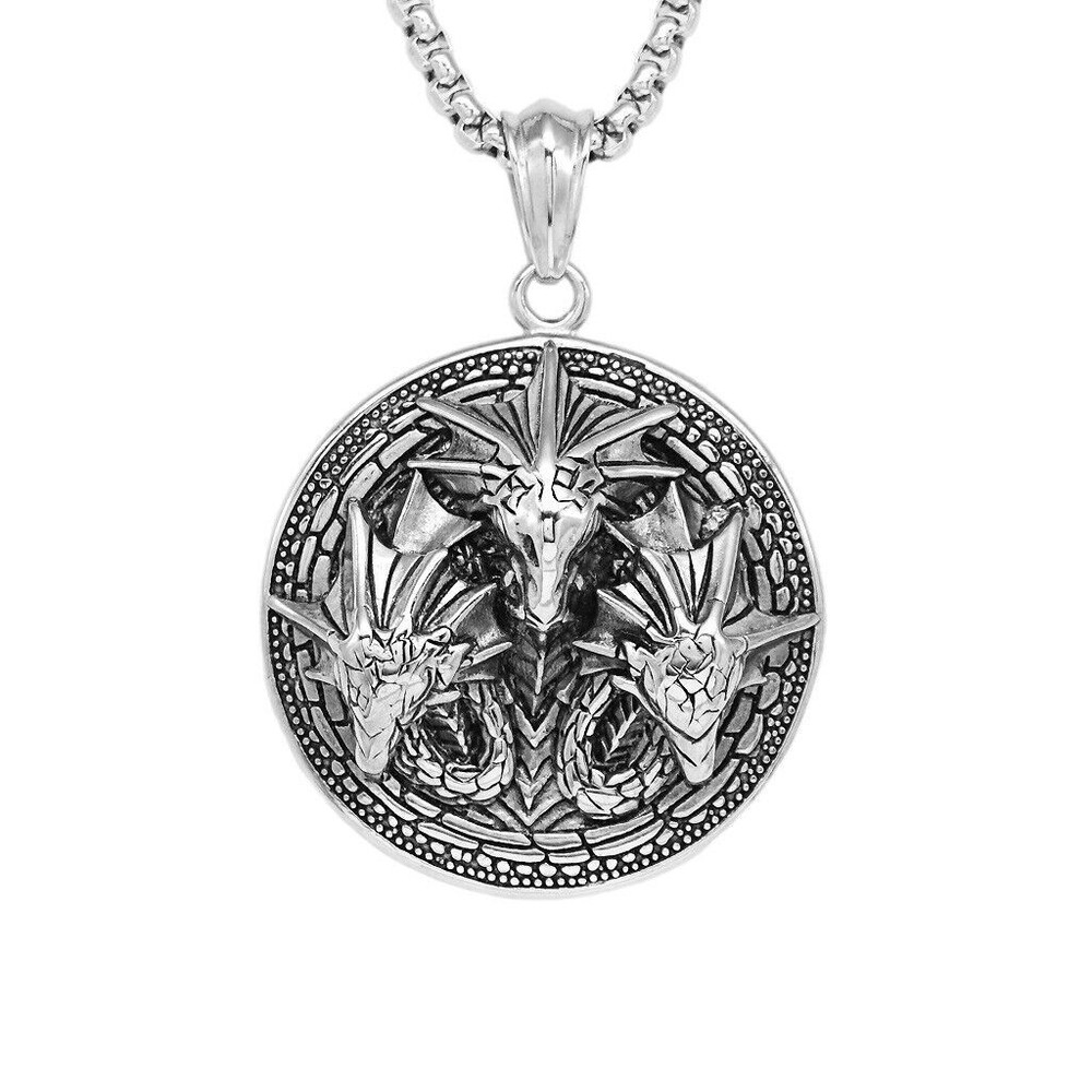 Die-cast Three-dimensional Three Heads Dragon Pendant Stainless Steel Necklace
