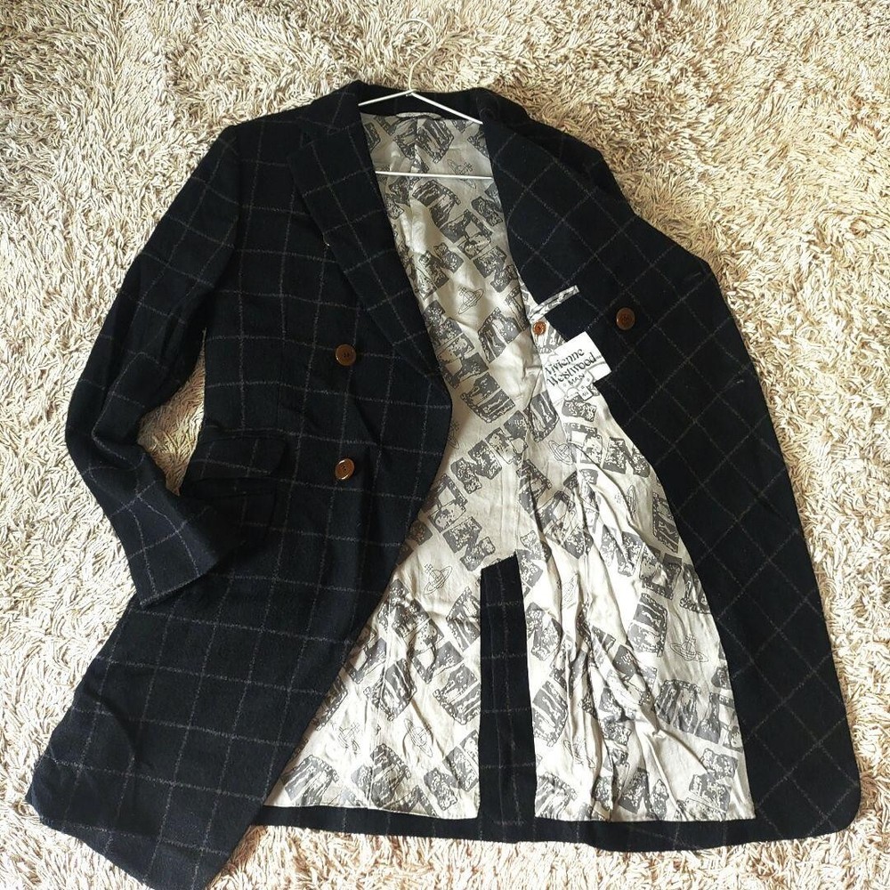 Vivienne Westwood Wool Coat Long Length Black Men's All-over patterned lining
