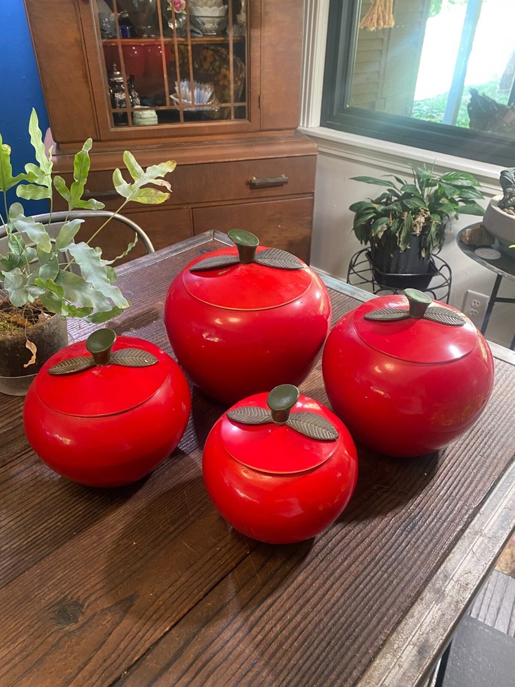 1950s Aluminum Apple Canisters with Bakelite Stems ~ 8 Piece Set