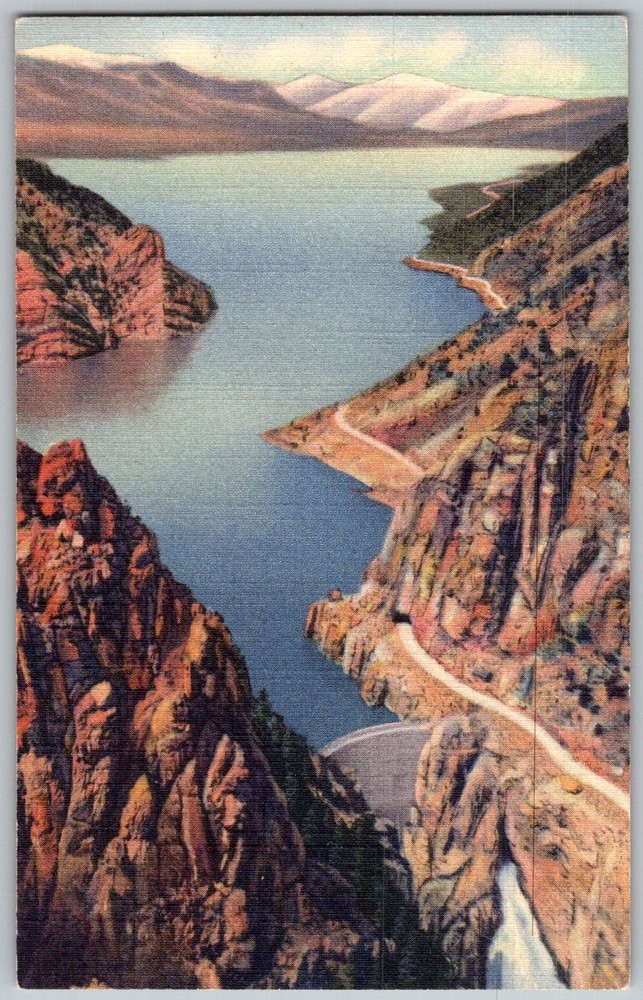 Vtg Linen Postcard Shoshone Dam & Lake Cody, WY 1930s