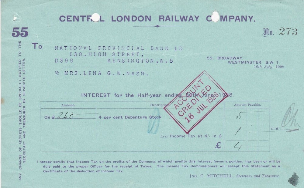 CENTRAL LONDON RAILWAY COMPANY1928 to Nat.Provincial Bank Interest Receipt 45964