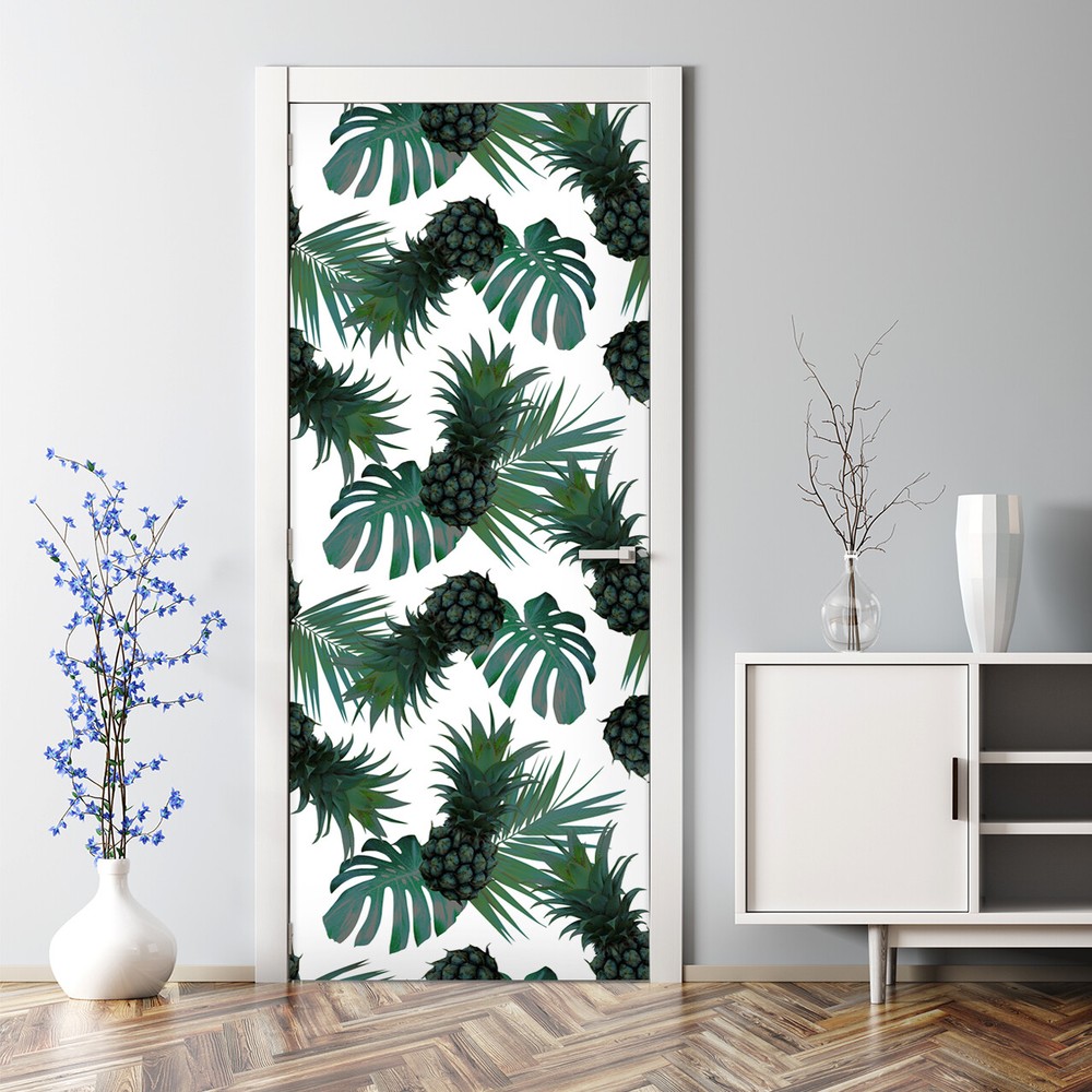 Bubble Free Door sticker Green Pineapple Tropical Exotic Leaves Pineapple Decor