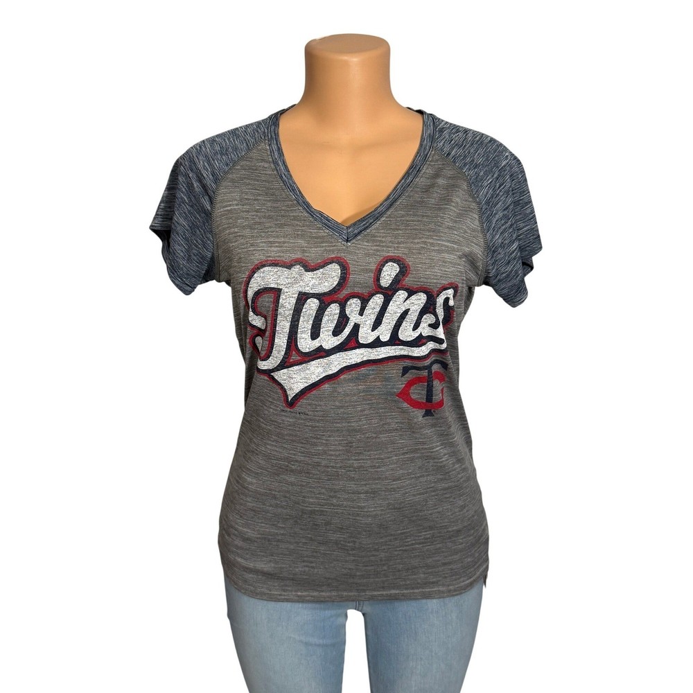 Minnesota Twins MLB Womens Large Grey Navy Space Dye V-Neck Graphic Tee Shirt