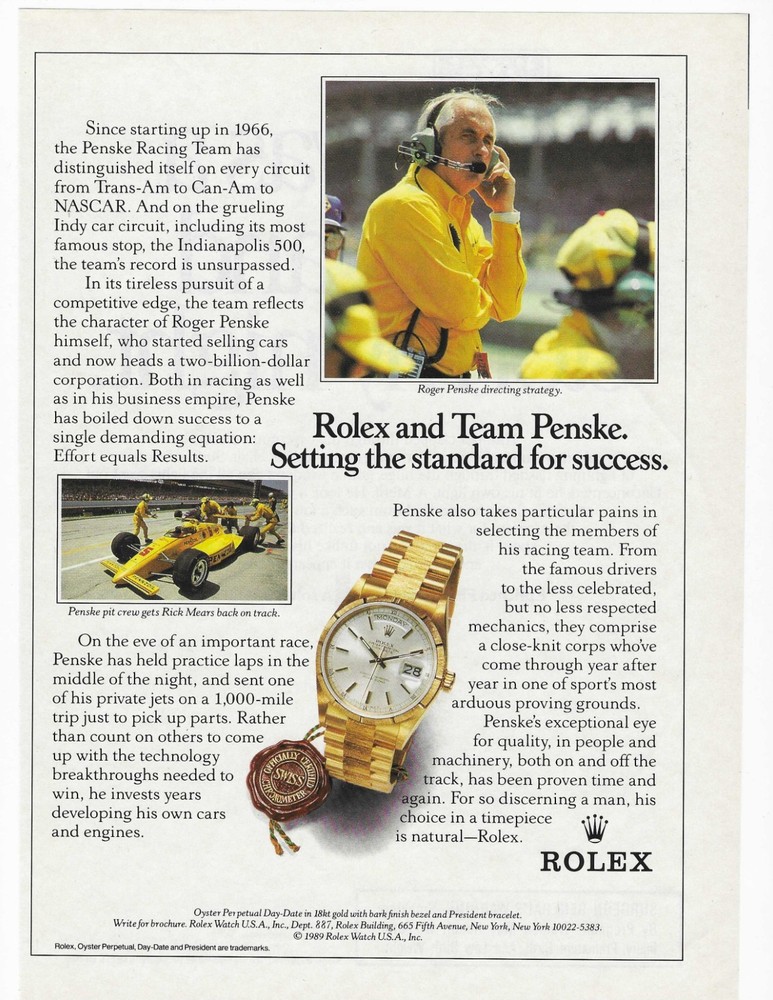 ROGER PENSKE / RICK MEARS   ROLEX and TEAM PENSKE  ORIGINAL PRINT AD