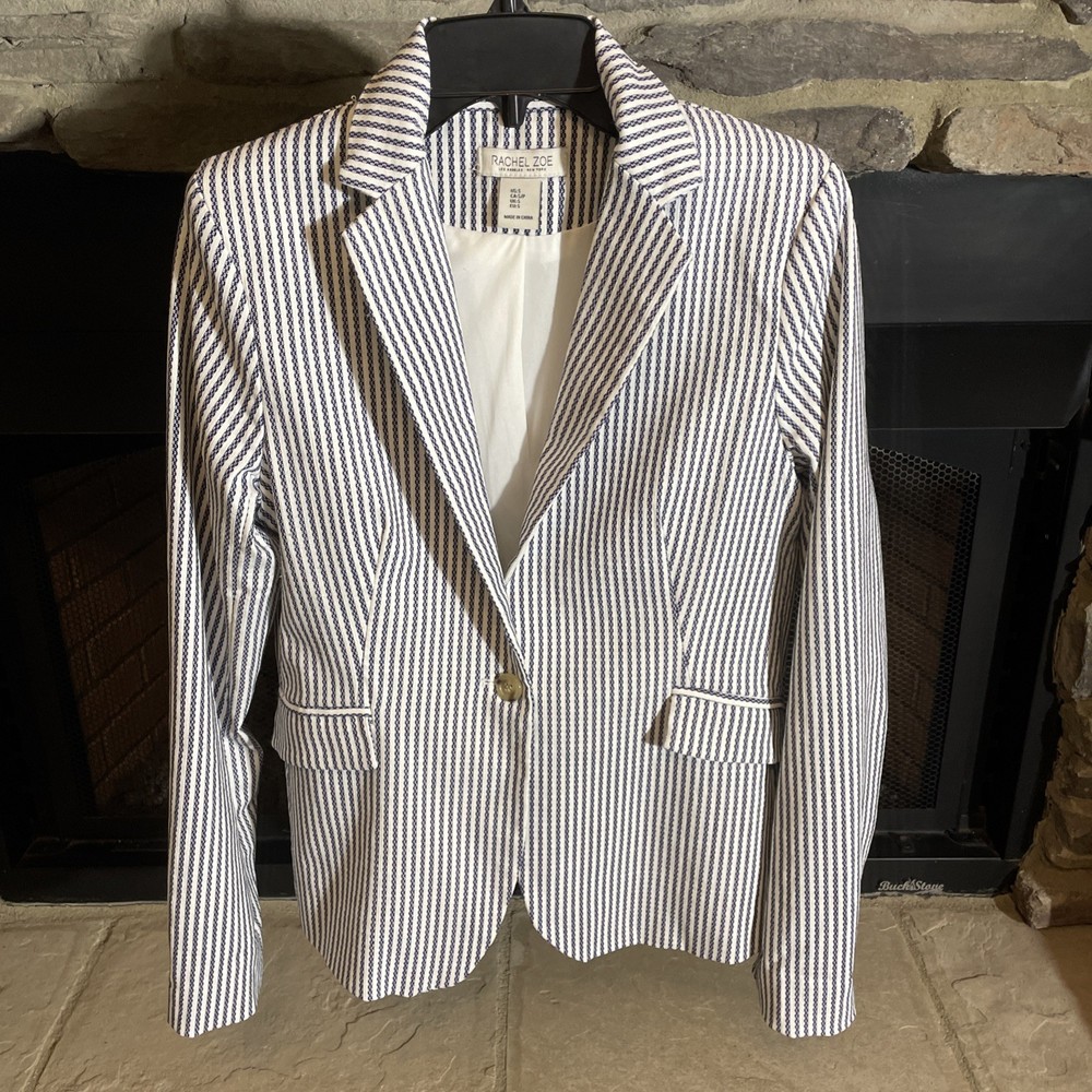 Rachel Zoe Blazer Womens S Blue  Pinstripe Open Front Boyfriend Fit Work Career
