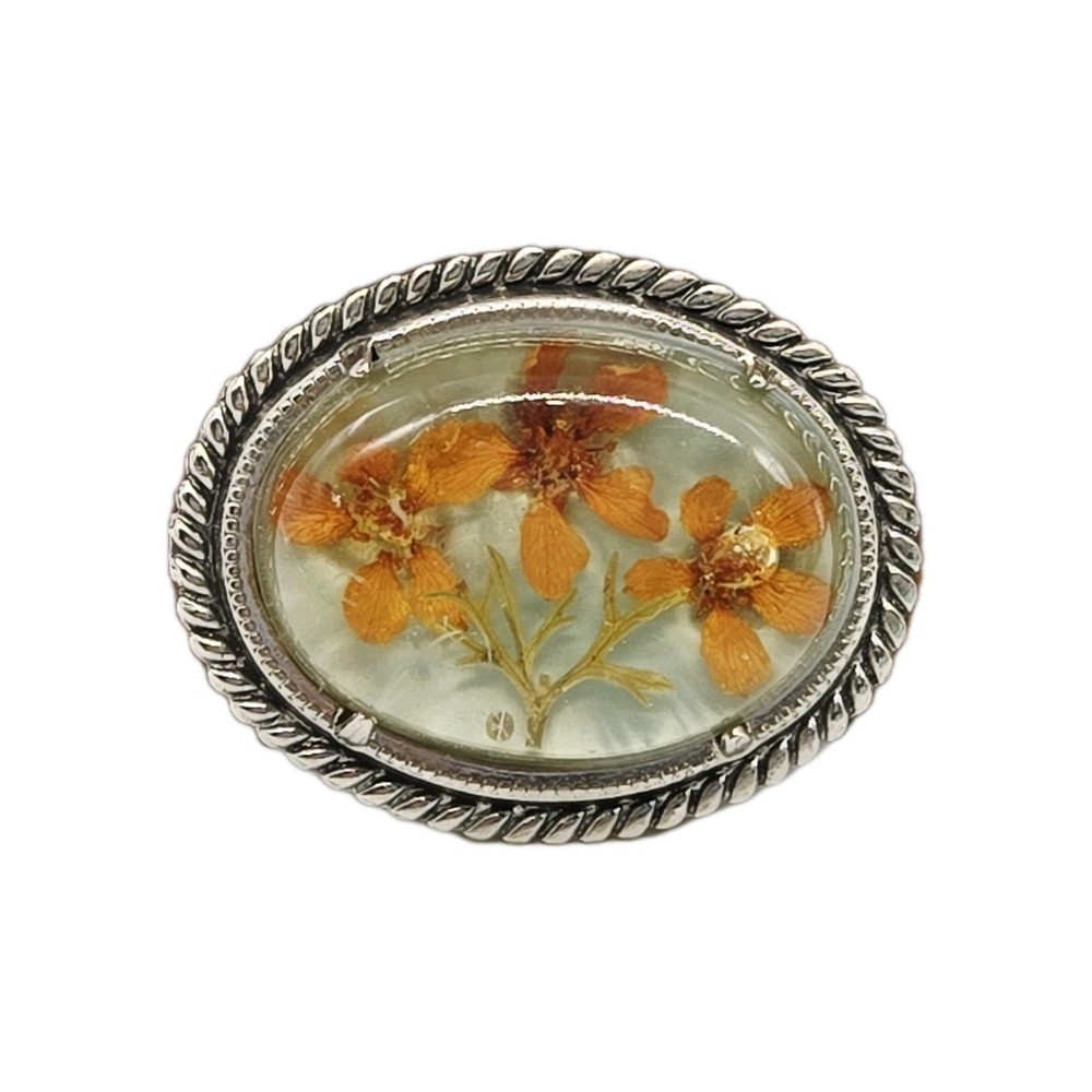 Victorian Style Pressed Dried Flowers Brooch Pin Silver Tone Metal Vintage
