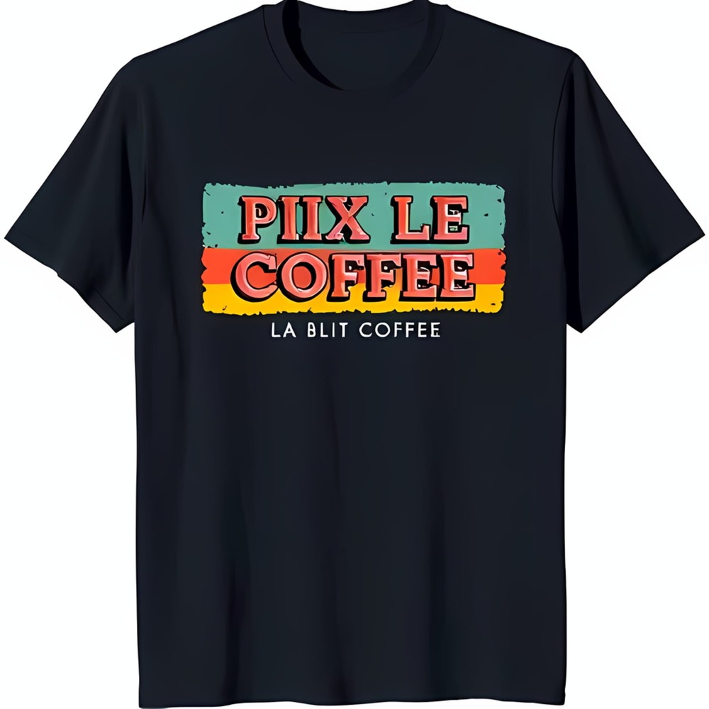 Retro Inspired Black T-Shirt with Colorful 'PIX LE COFFEE' Graphic Design