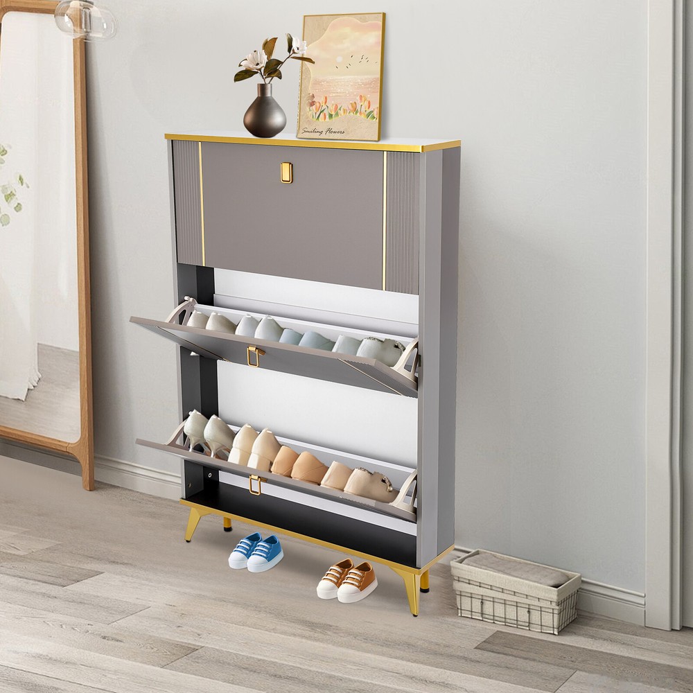 3-Tier Grey Shoe Cabinet with Flip Doors Holds 16 Pairs 16.5lbs