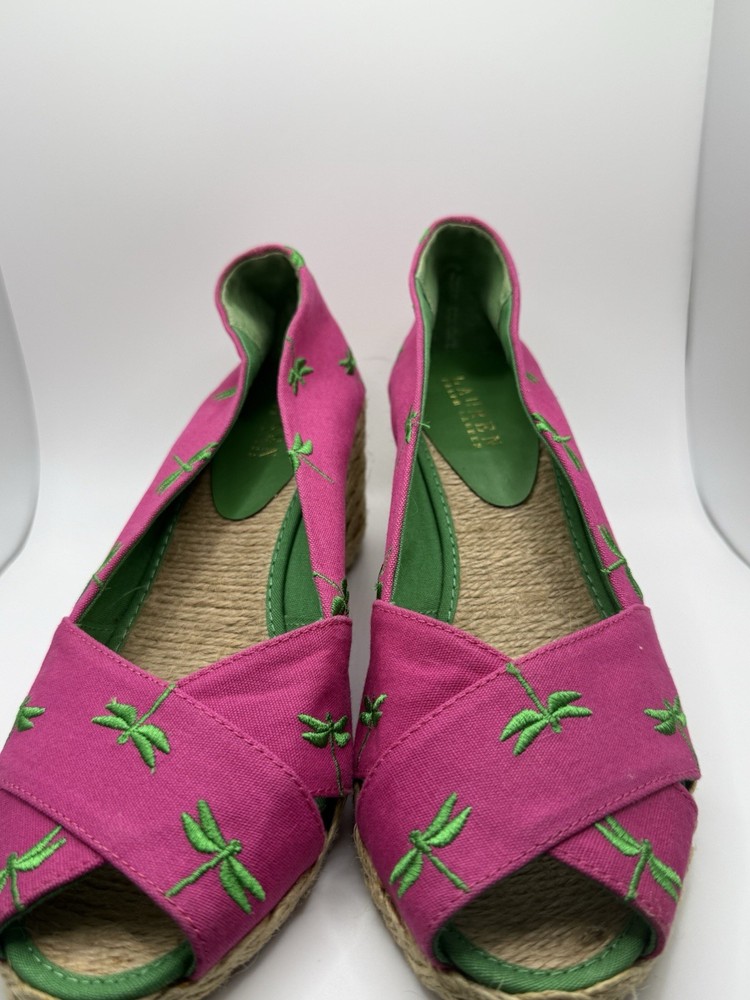 Lauren Pink Wedge Espadrilles with Dragonfly Embroidery Size 9 Women's Shoes