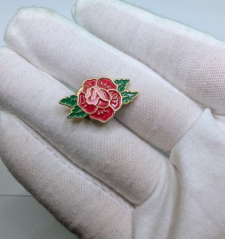 Vintage Red Rose Flower Green Leaves Enamel Floral Lapel Pin