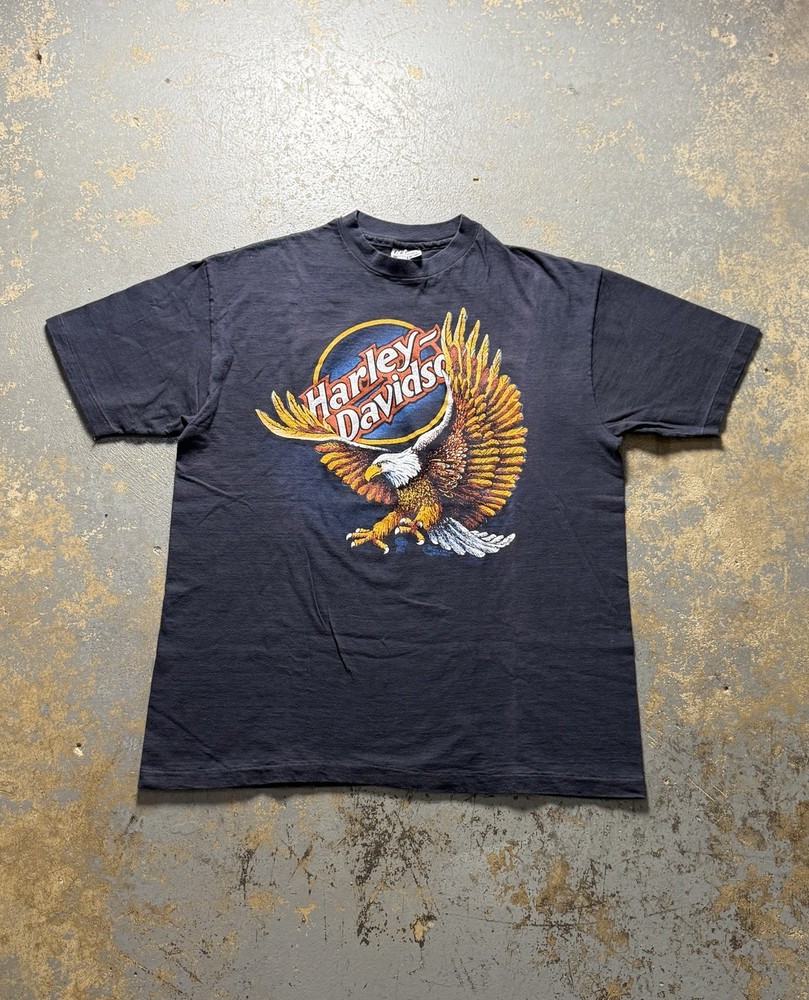 Vintage 80s Harley Davidson Bald Eagle Black Graphic Shirt-Size XL