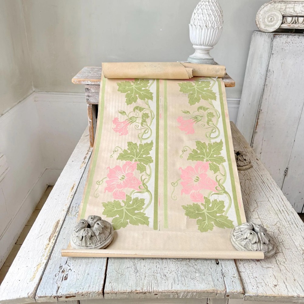 27 inches Vintage French Wallpaper c1900 Pink and Green Art Nouveau Floral Stri