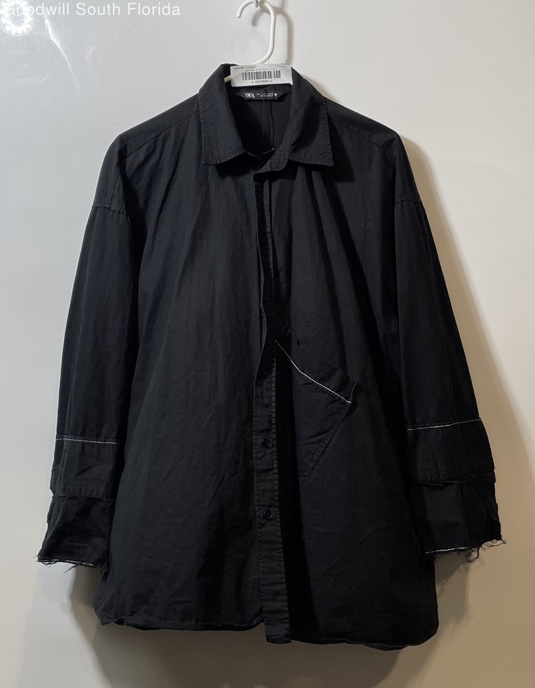 Zara Mens Black Cotton Long Sleeve Collared Pockets Button-Up Shirt Size L