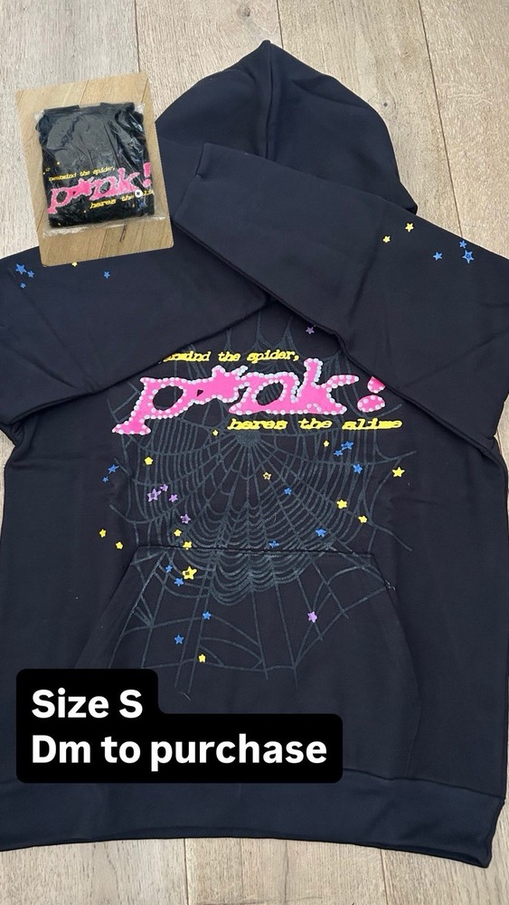 Women's Black Pullover Hoodie S Hooded Pockets Graphic Print Stars Spiderweb