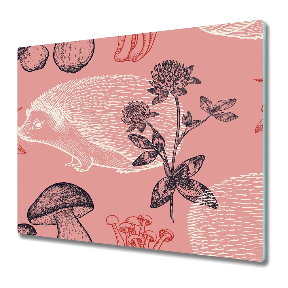 Glass Chopping Cutting Board Mushrooms with hedgehog pink and white 60x52