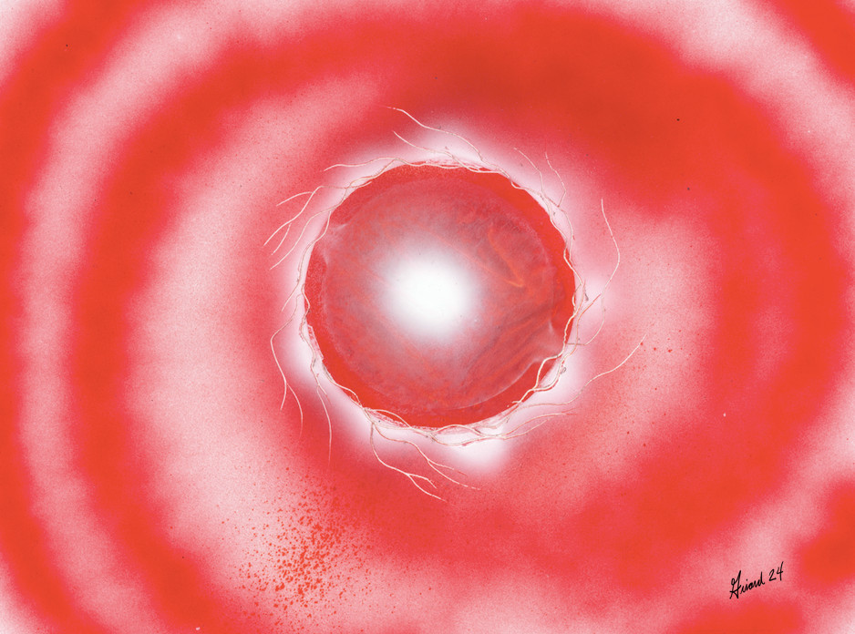 Space Art Planet Painting with Swirls in Red Pinks signed by Artist Jason Girard