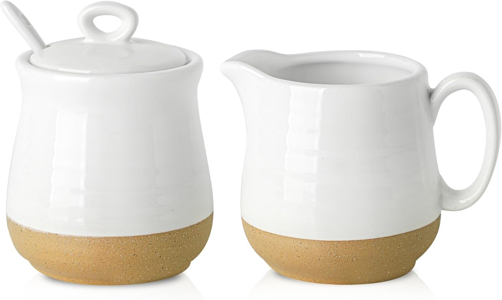 Ceramic Sugar and Creamer Set, 3 Piece Coffee Serving Set with Cream Pitcher, Su