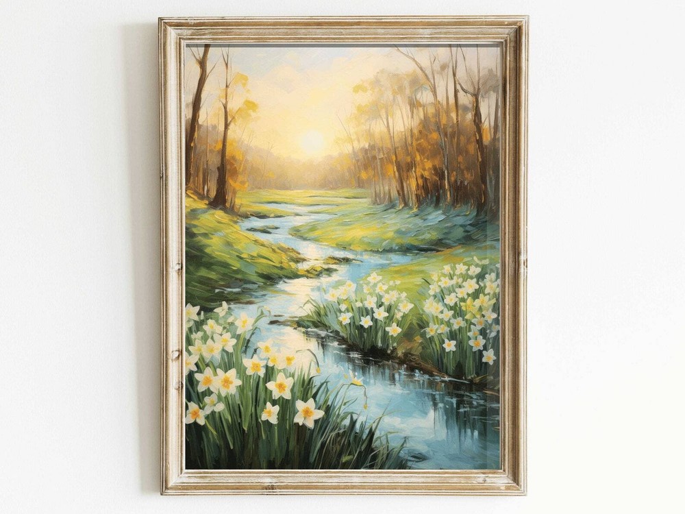 Daffodil Painting Daffodil Flower Art Print Landscape Wall Art Vintage Wall Art
