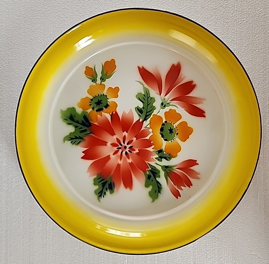 VTG ENAMELWARE Metal Flowers Airbrushed Handpainted Serving Tray Plate 14