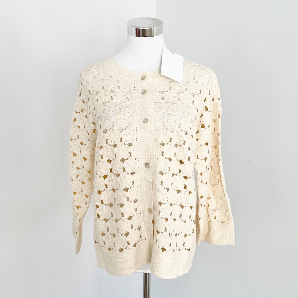YAS Hatty Knit Cardigan Womens M Birch Beige Crew Neck Crochet Relaxed Fit New