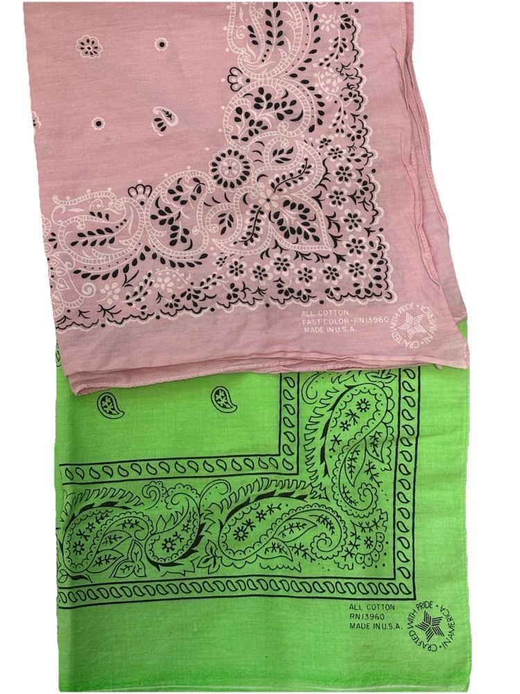 Vintage Bandana Lot Of 2 RN 13960 All Cotton USA Fast Color Lime Pink Selvedge