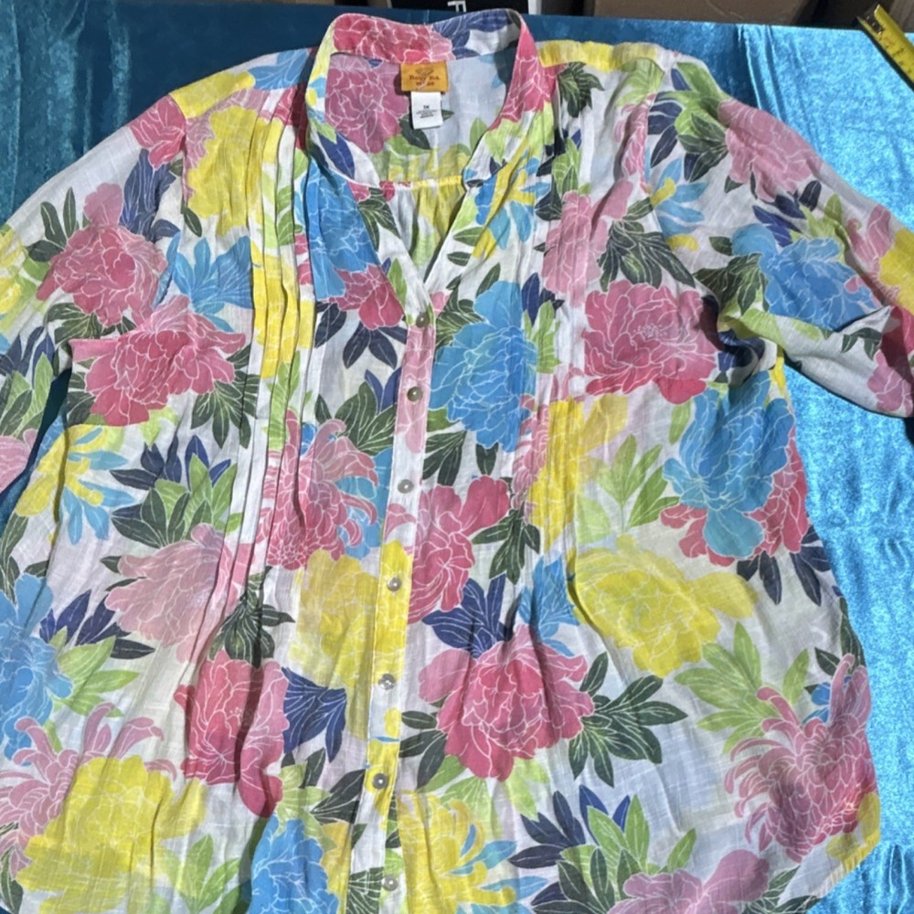 Ruby Rd. Women's 1X Multicolor Floral Collared Long Sleeve Button-Up Blouse