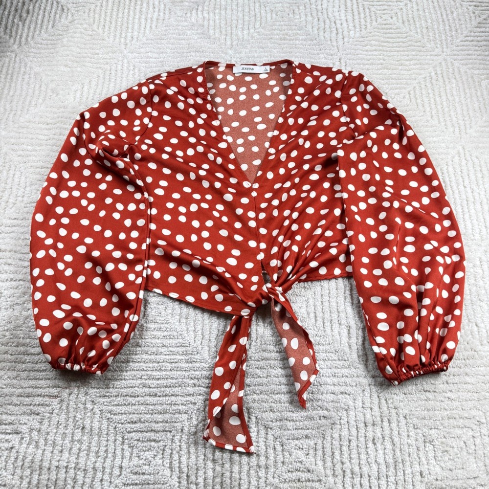 JustFab Polka Dot Crop Top Women L Red White Tie Front Bishop Sleeve Retro Pinup