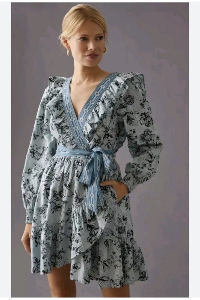 Anthropologie Ruffle Wrap Mini Dress Floral Printed Long Sleeve Lace Smock LARGE
