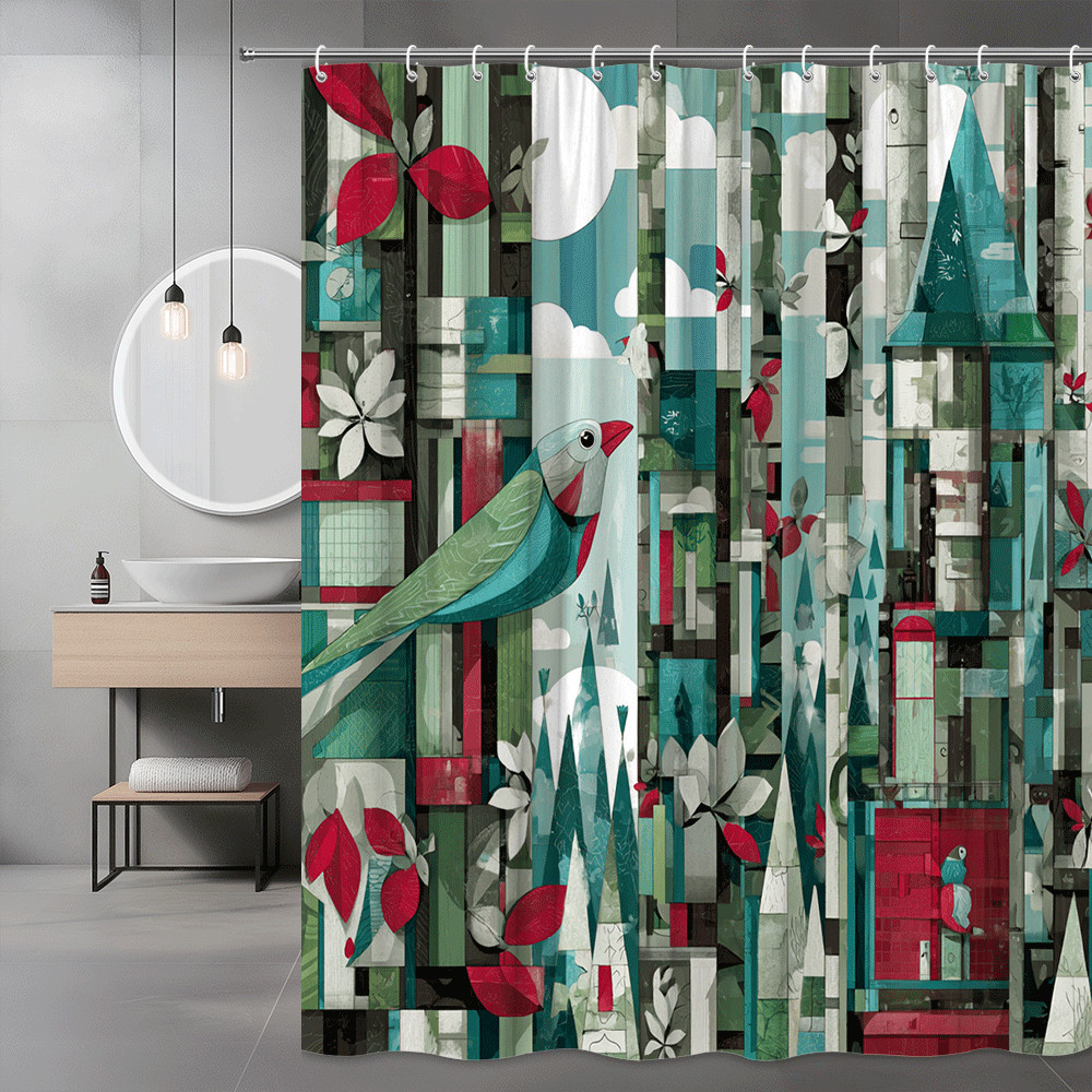 Bird Floral Abstract Shower Curtain, Teal Red Green Printed Design