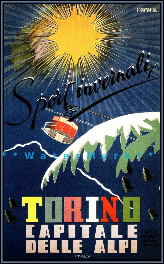 Turino Italy 1953 Vintage Travel Poster Retro Winter Sport Art Print  