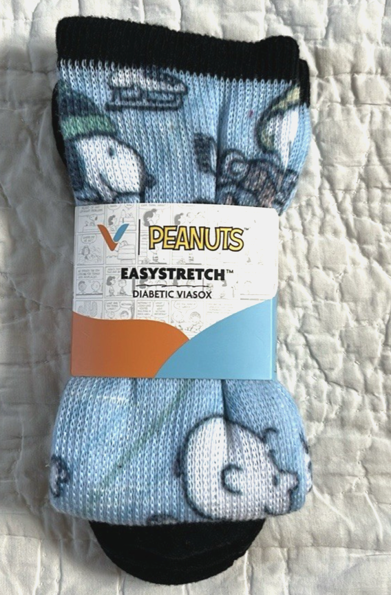 Viasox Peanuts on Ice Knee High Diabetic Socks XL Snoopy Blue Black Skating Design