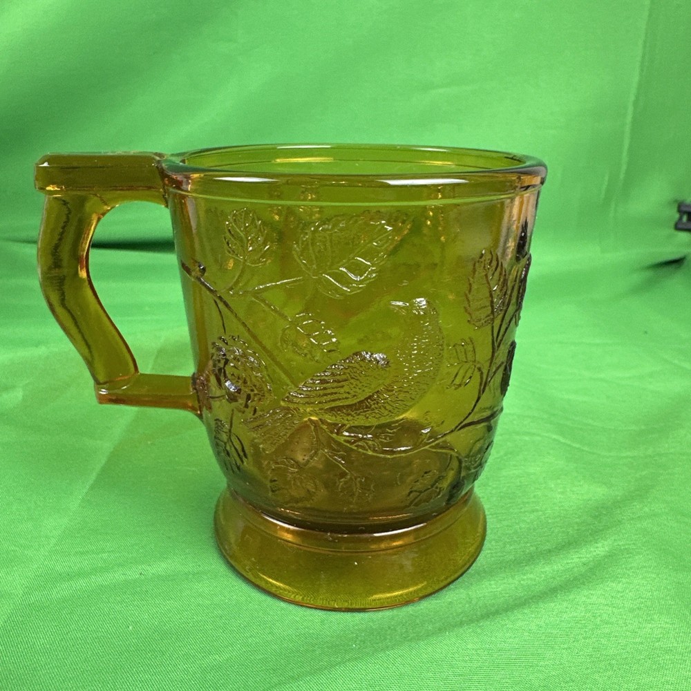 Vintage Mosser Glass Company Mug in Amber “Robin in a tree” 10oz 3.75