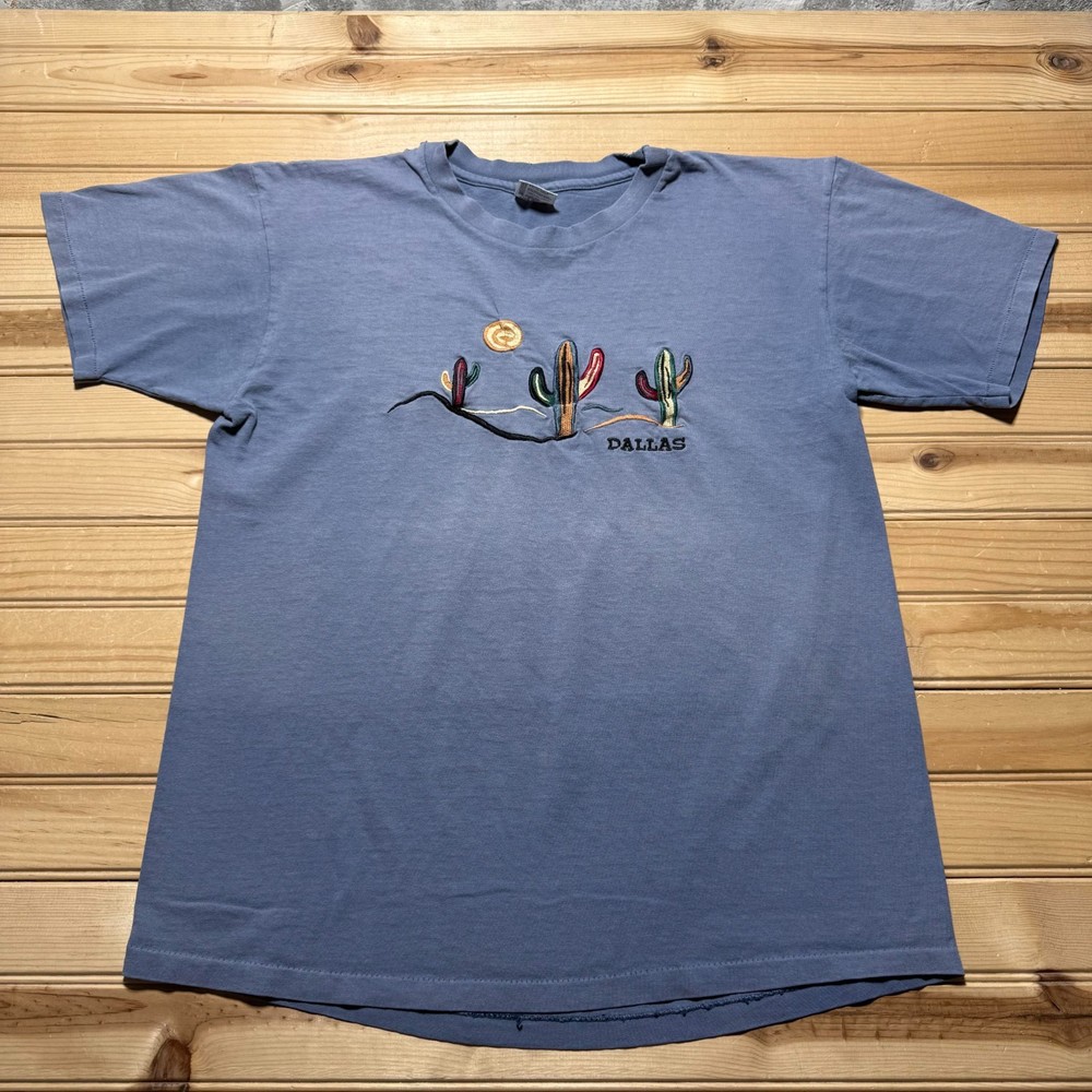 Vintage 90s Faded Dallas Texas Cactus Desert Sun Embroidered Shirt USA Large