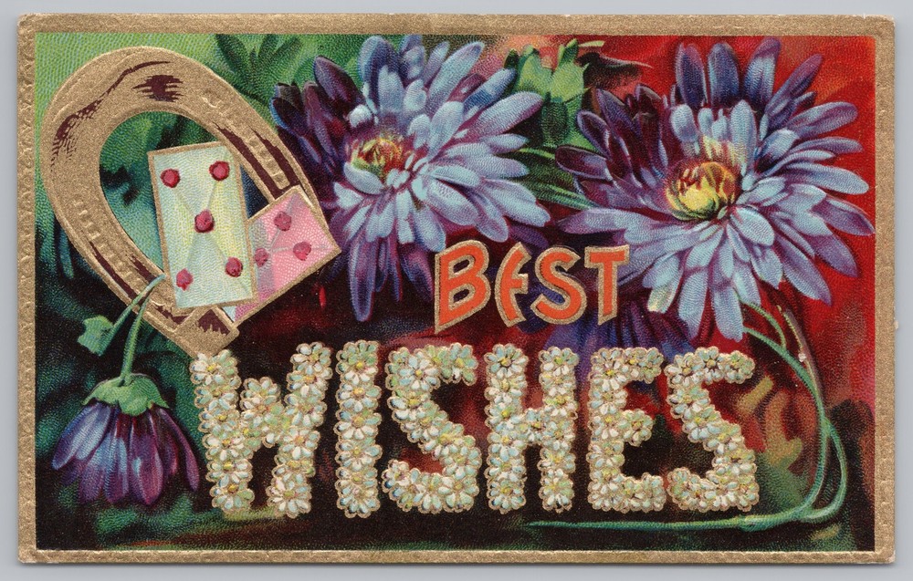 Flowers~Purple Flowers White Flower Letters Best Wishes~Vintage Postcard