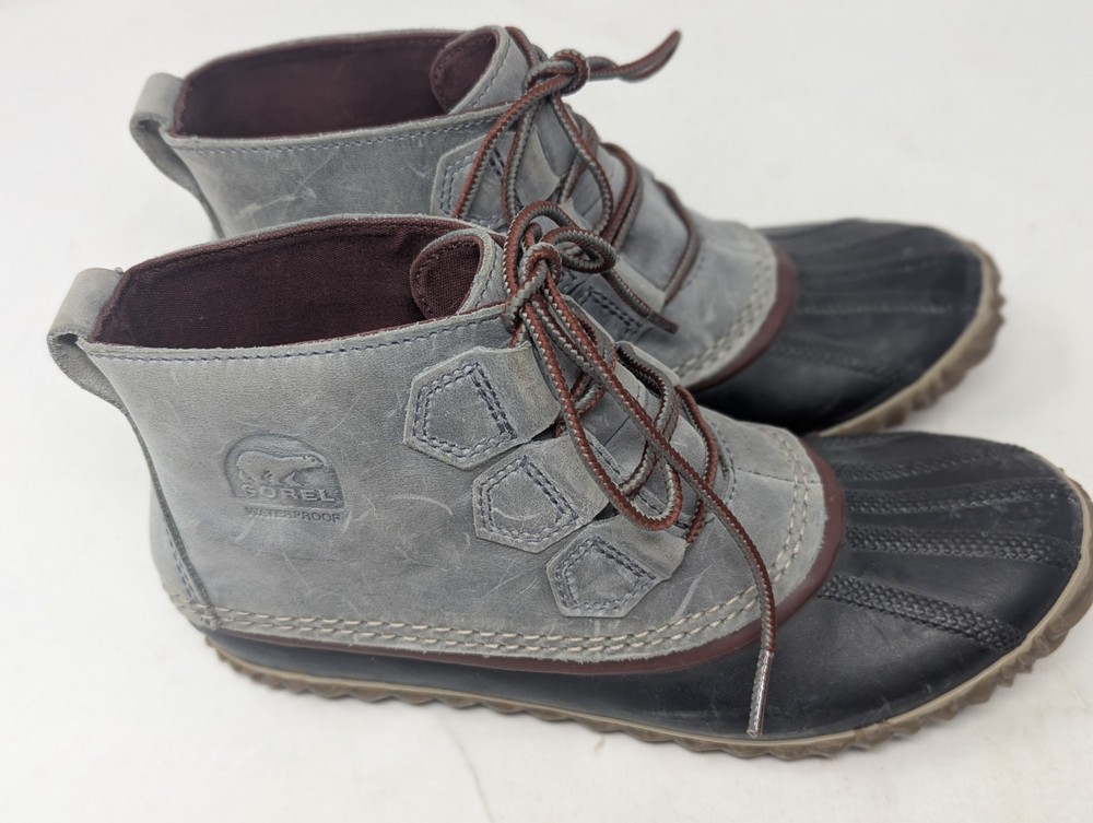Sorel Out N About Leather Rubber Ankle Duck Gray Burg Boots LaceUp Womens Sz 7.5