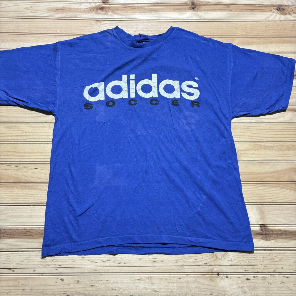 Vintage 90s Adidas Soccer Spellout Trefoil Blue Shirt Size Large