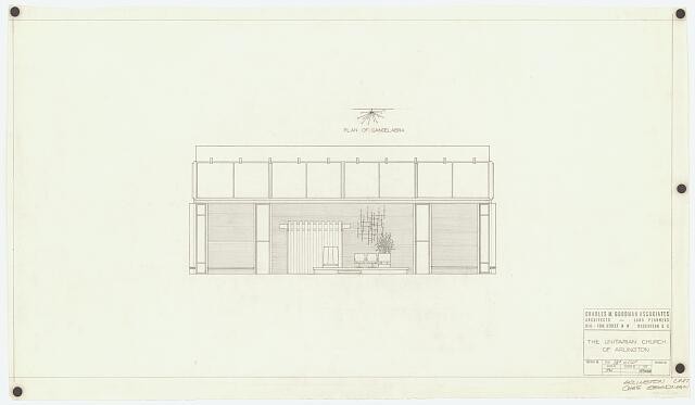 Unitarian Church, Arlington, Virginia. Interior wall with candelabra. Plan and
