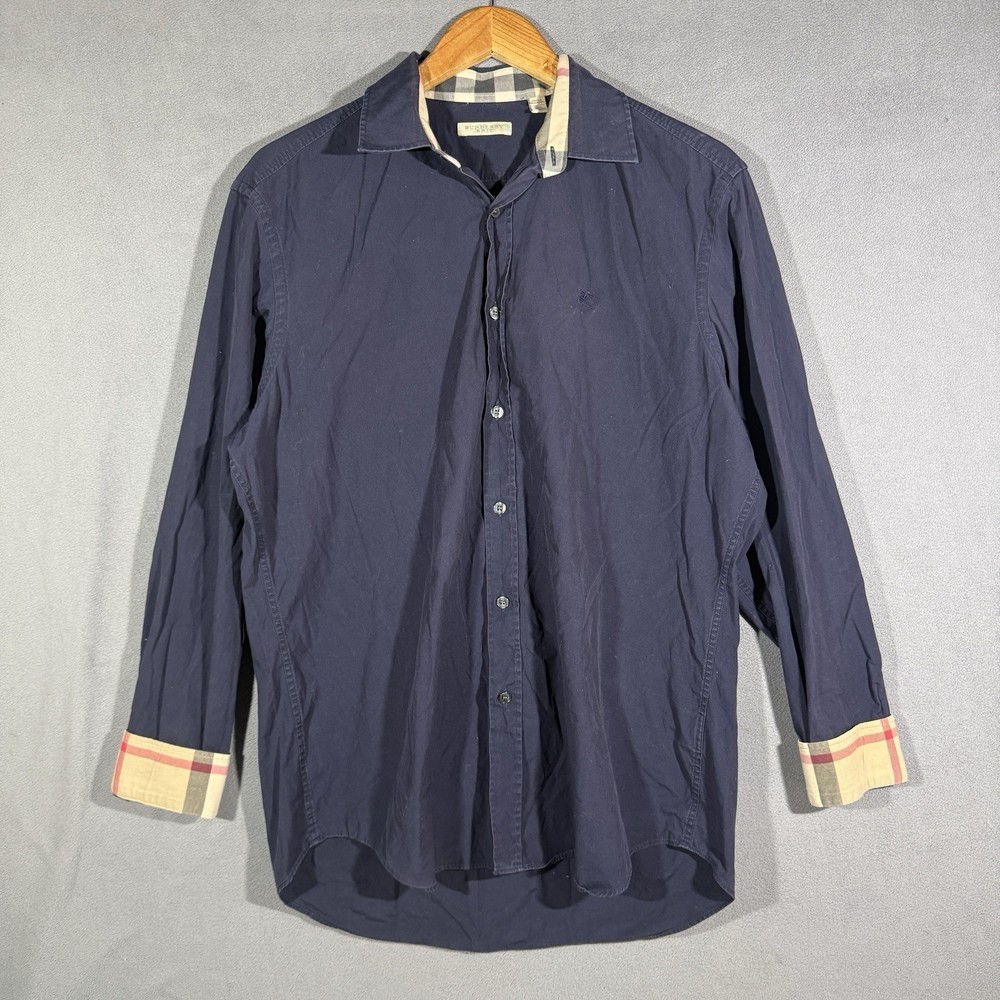 Burberry Brit Mens L Navy Button Shirt Nova Check Cuffs Collar Stretch Cotton