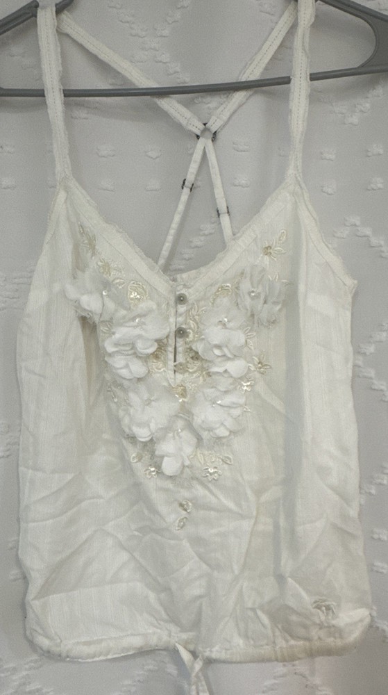 Y2K Babydoll Cami Top Small White Fairy Dainty  Coquette Lace Beaded Floral