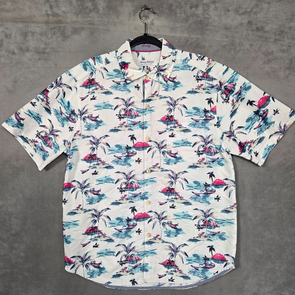 Tommy Bahama The Coconut Point shirt Mens Medium Palm beach graphic coolmax AOP