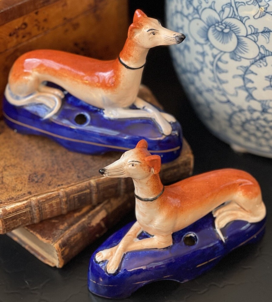 Antique 19C English Staffordshire Whippet Ink Well Mantle Game Hunt Dog Pair 6”
