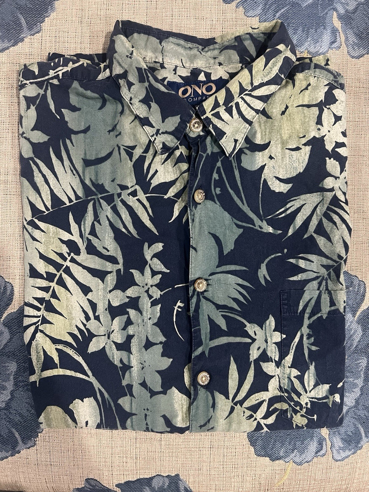 ONO Company Men's Navy Green Floral Short Sleeve Button-Up Shirt L