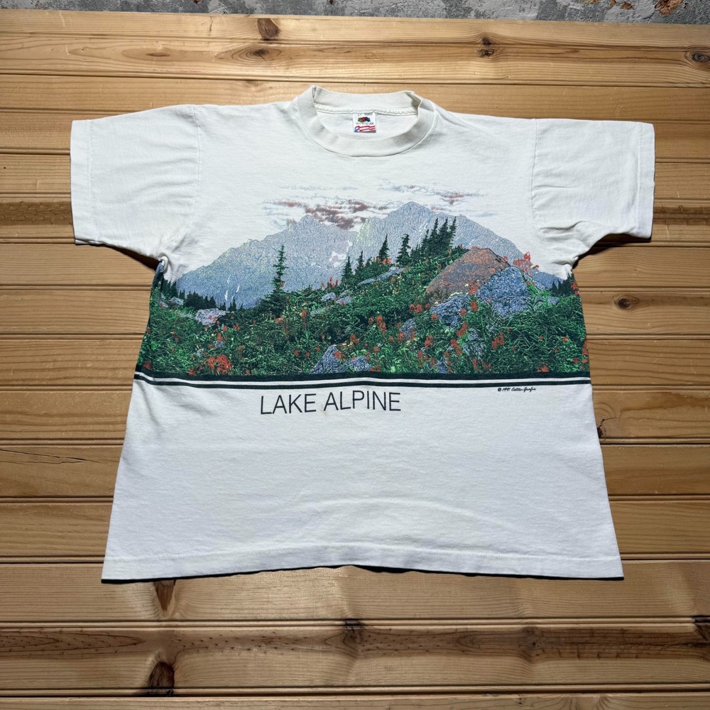 Vintage 1991 Lake Alpine Mountain Scenery Double Sided Nature T-Shirt USA Large