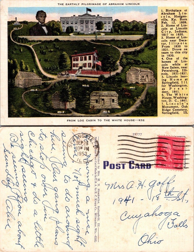 Abraham Lincoln Earthly Pilgrimage Log Cabin White House Postcard