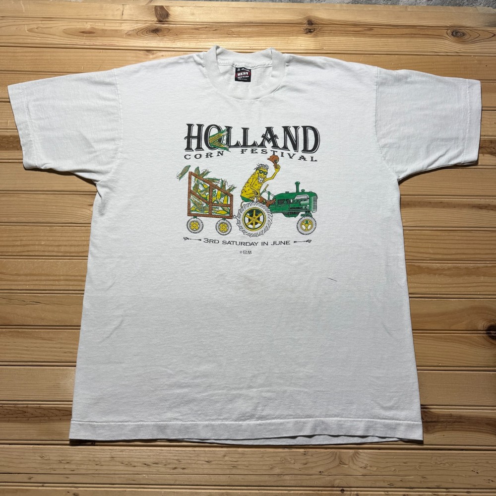 Vintage 90s Holland Corn Festival Tractor Farmer Graphic T-Shirt USA Made - XL