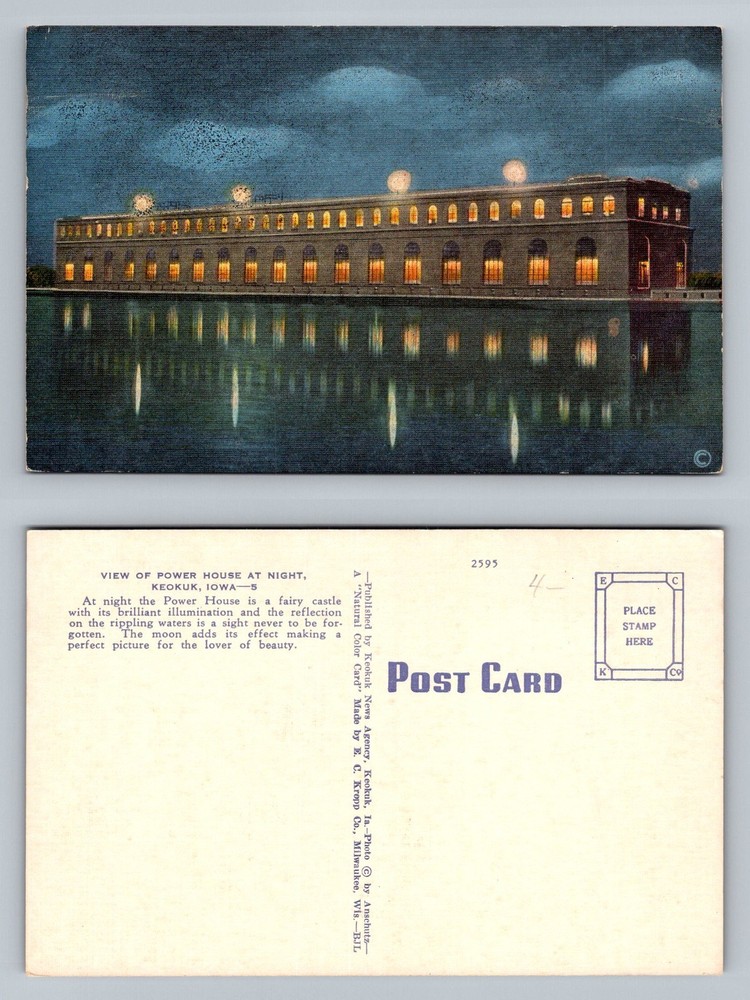 Keokuk, IA-Iowa, Power House Night View Reflections on Water Vintage Postcard