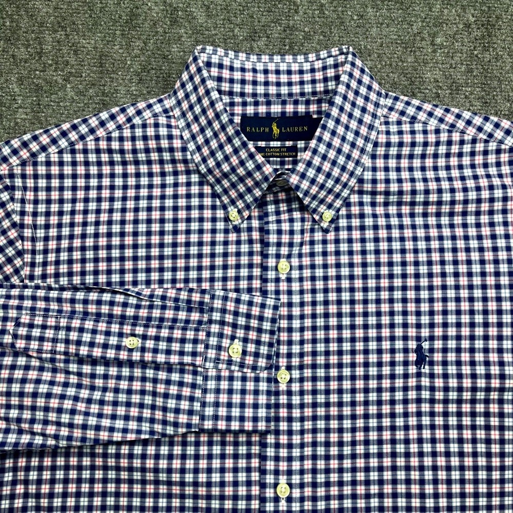 Polo Ralph Lauren Men Classic Fit Plaid Button Down Stretch Large Oxford Blue