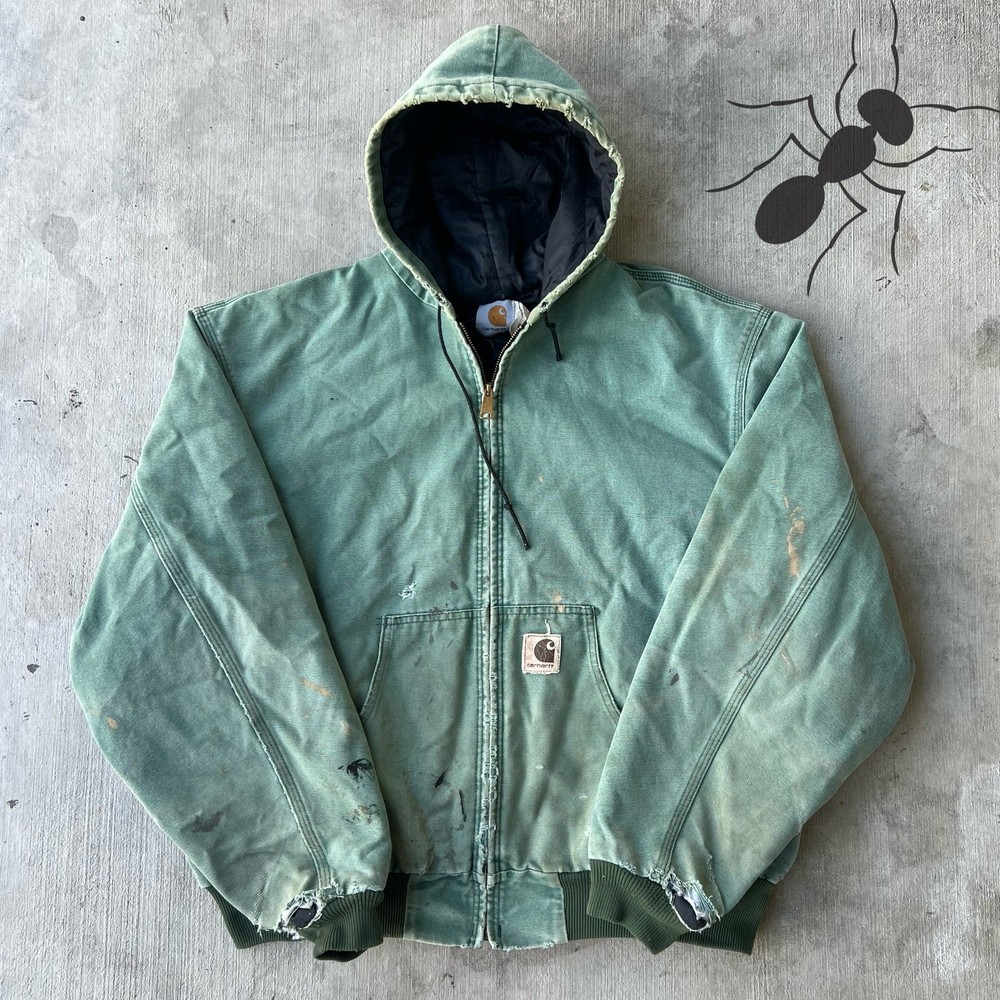 Vintage JQ294 DISTRESSED green Carhartt hooded work wear jacket