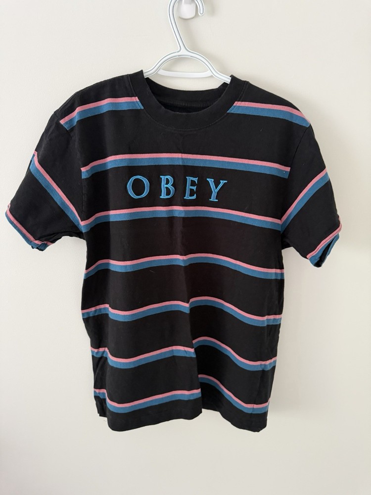 Obey Worldwide Mens Medium Black Pink Blue Striped Logo T Shirt Streetwear