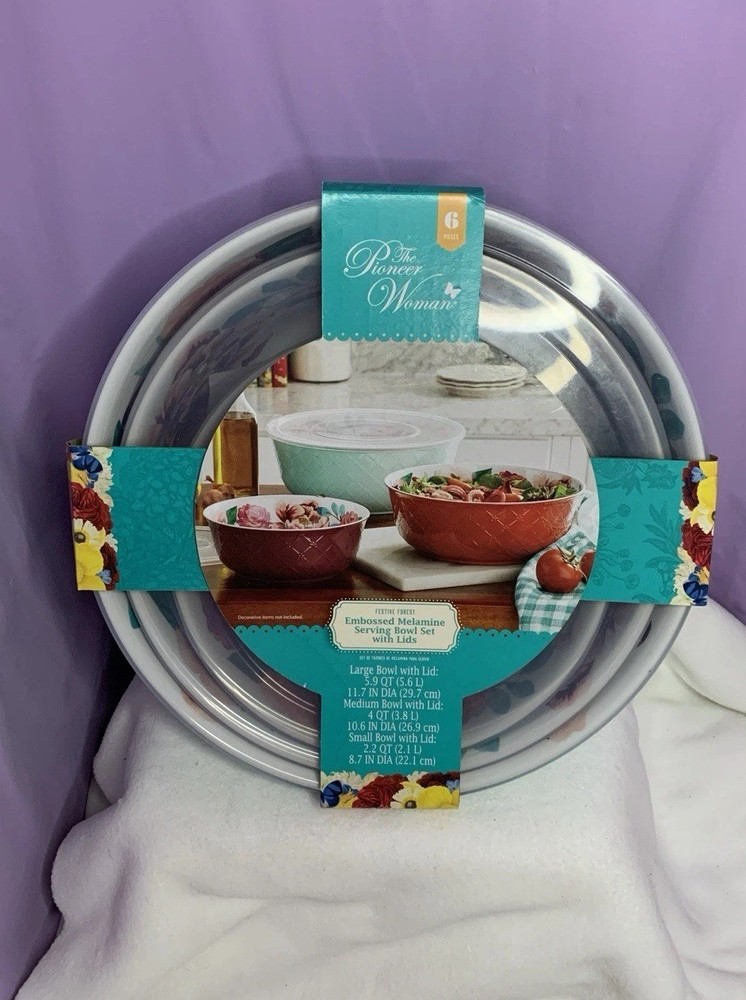 NIP Pioneer Woman Festive Forest Melamine 6 Piece Kitchen Serving Bowl Set W/Lid